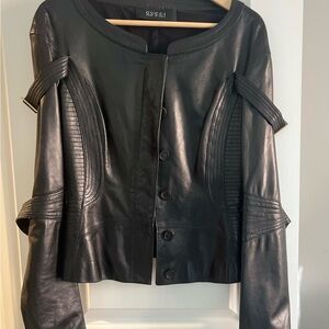 Gucci Women's Black Leather Jacket with Ribbed Accents